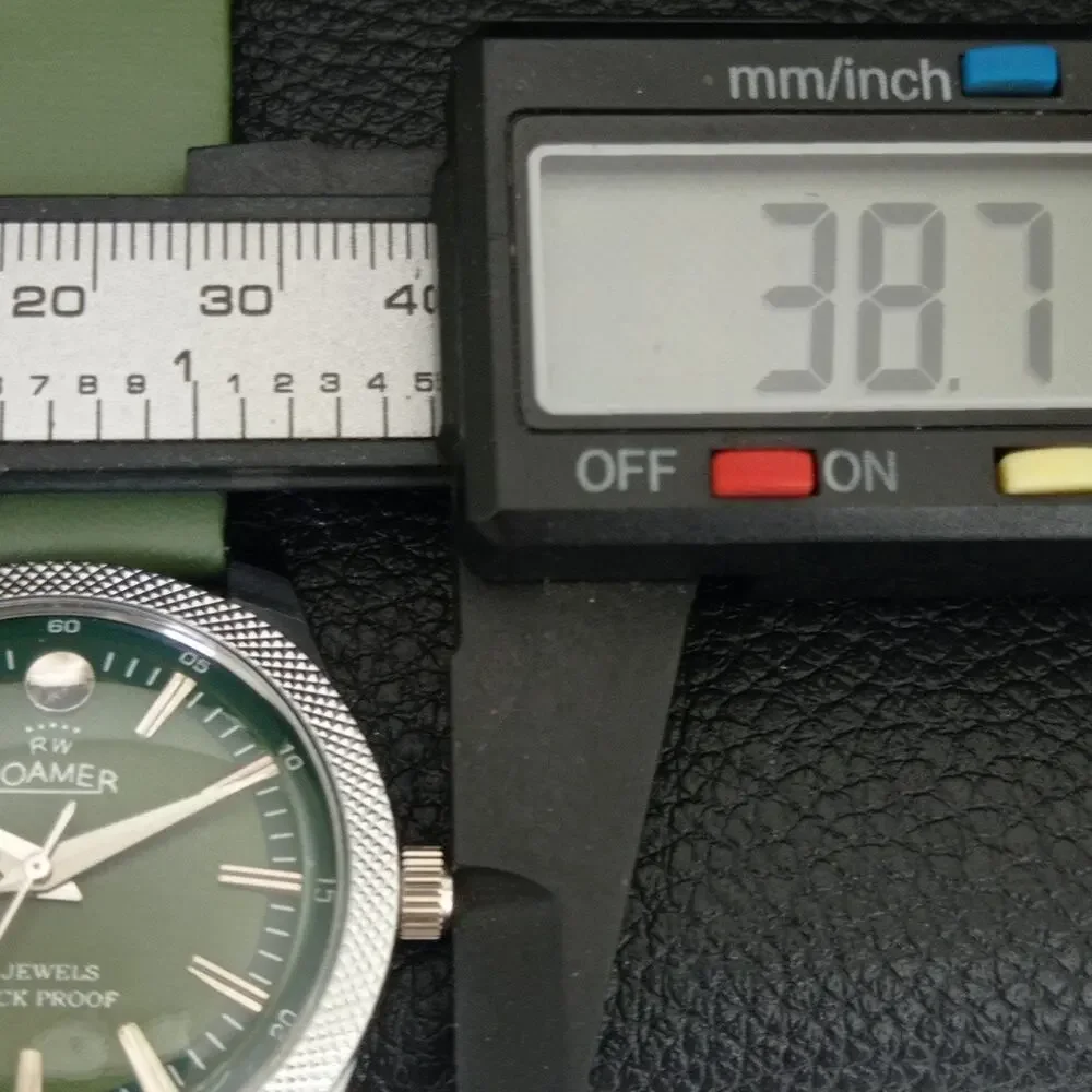 Vintage 1970 Roamer Manual Mens Silver Watch W/Leather Strap & Green accents